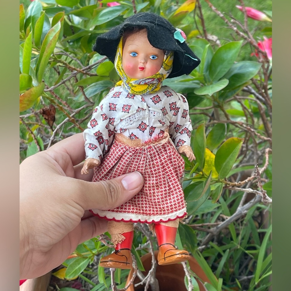 Stunning! Vintage 1950s German Celluloid Doll with Patterned Dutch Outfit